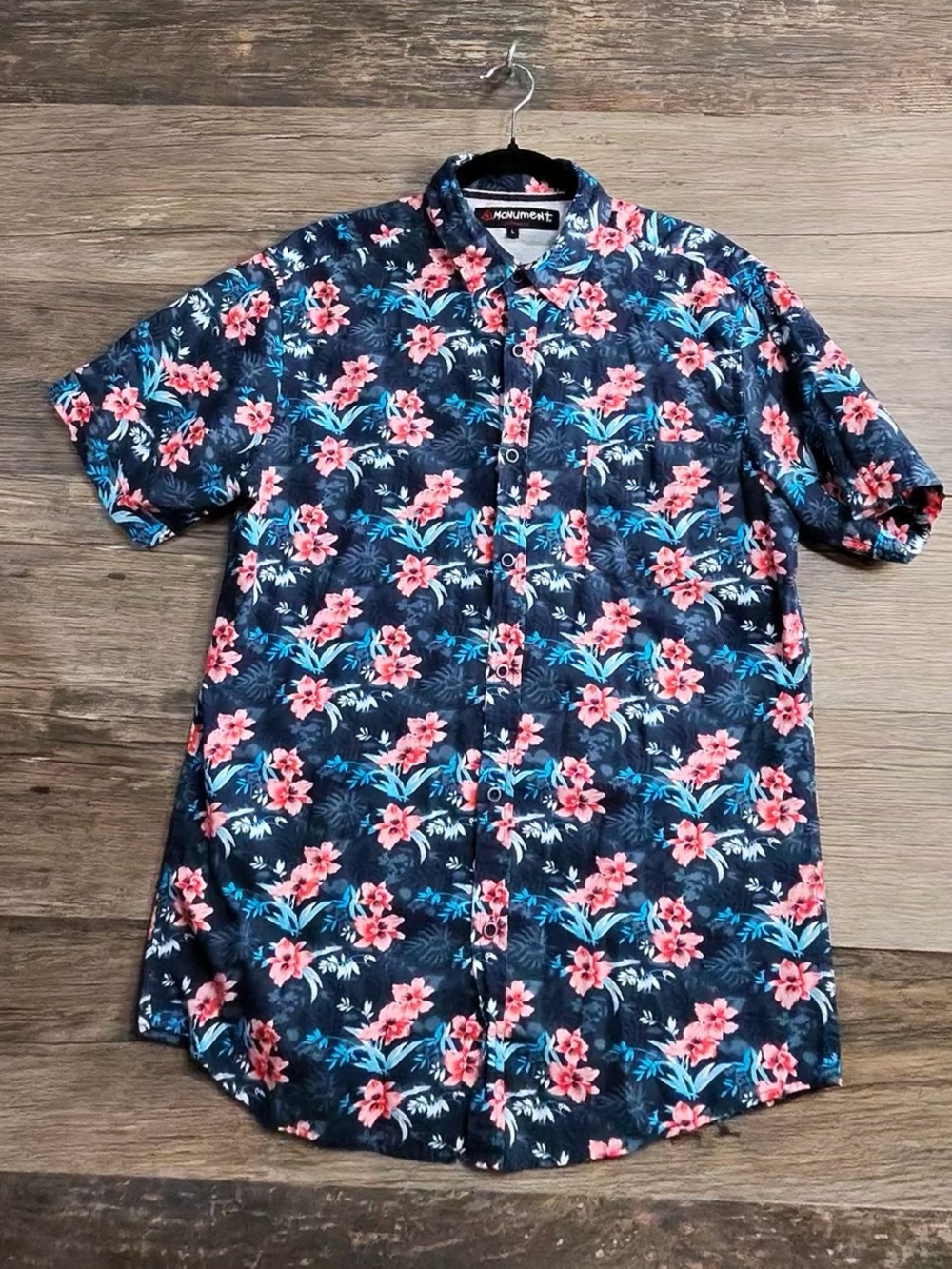 Monument Navy Floral Short-Sleeve Button-Down Shirt - Navy with Pink Flowers